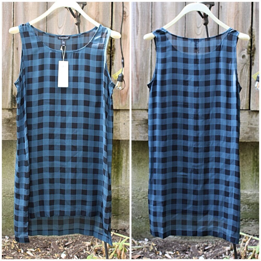 New w/Tags - Eileen Fisher Sleeveless Tunic in Buffalo Printed Silk, Fir, Med